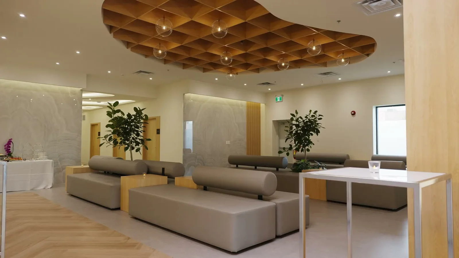 The Claye lounge, with a wood ceiling and potted trees